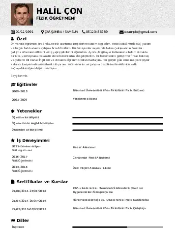 Fizik Öğretmeni CV Örnekleri cv indir